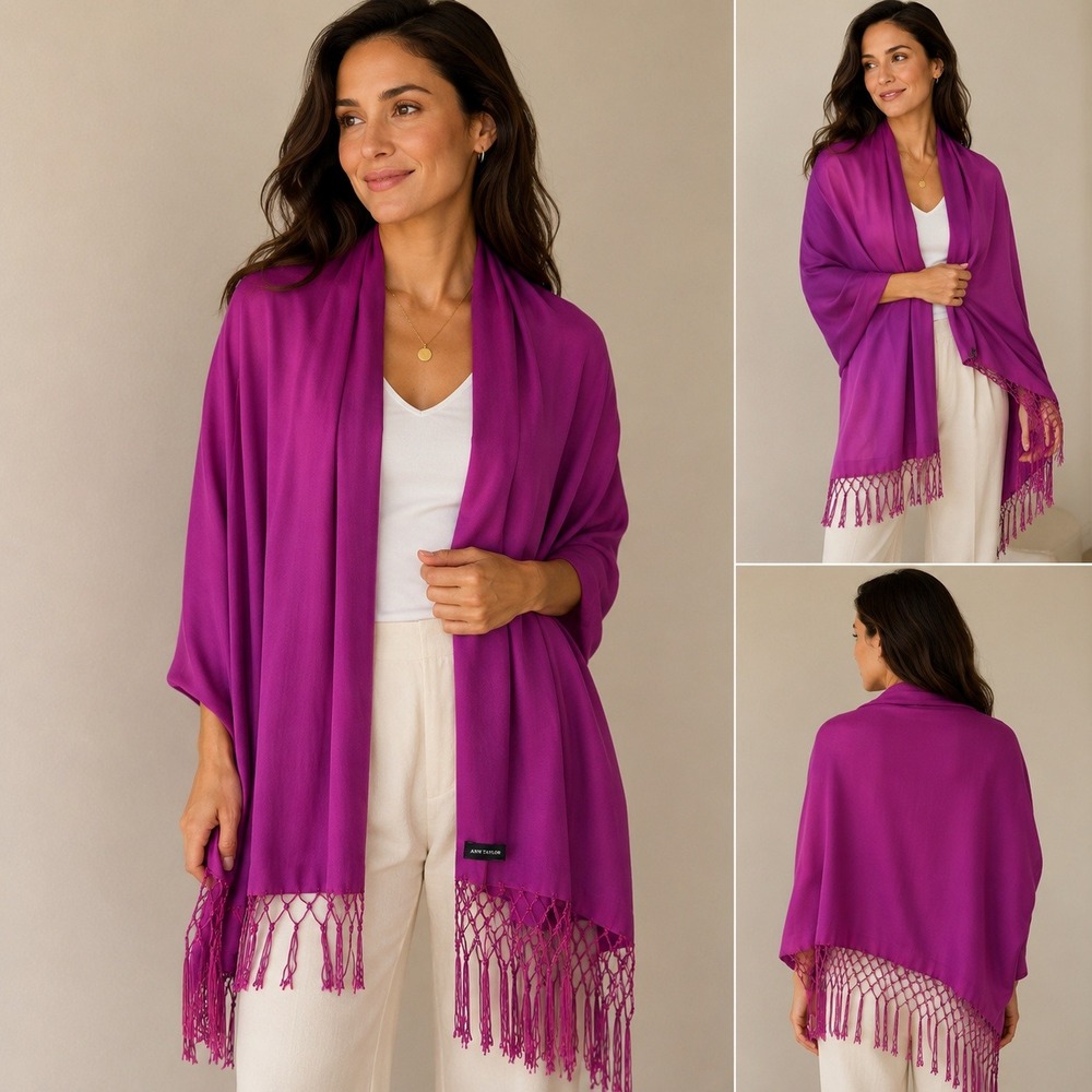 Ann Taylor 100% Silk Wrap Scarf Magenta Purple Macrame Knotted Fringe Shawl18x90